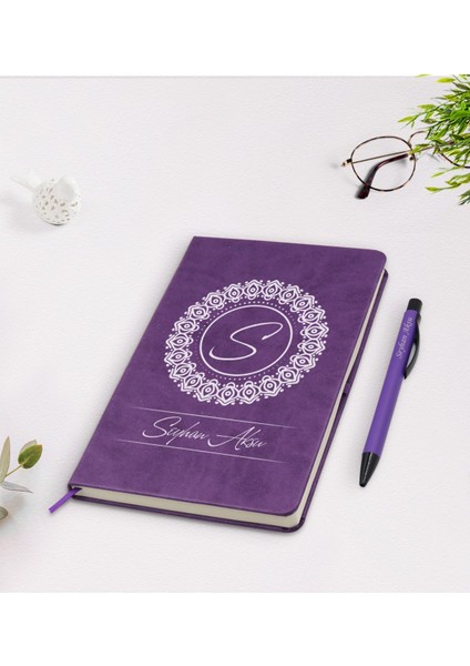 Kişiye Özel Isimli Mor Termo Deri Defter Kalem Seti Model 2