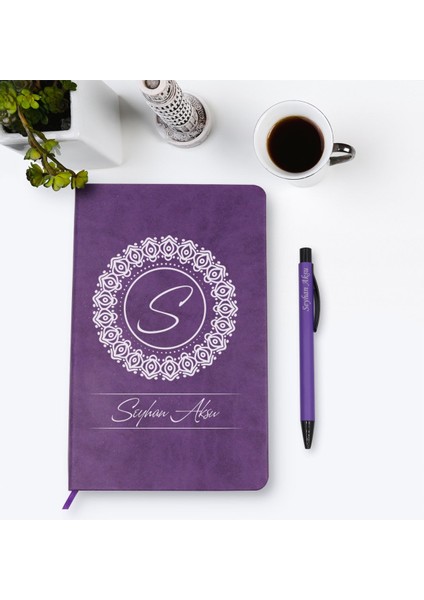 Kişiye Özel Isimli Mor Termo Deri Defter Kalem Seti Model 2