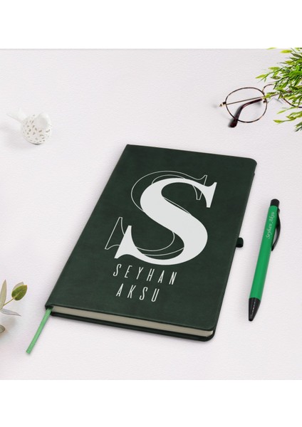 Kişiye Özel Isimli Yeşil Termo Deri Defter Kalem Seti Model 34