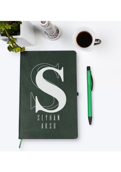 Kişiye Özel Isimli Yeşil Termo Deri Defter Kalem Seti Model 34