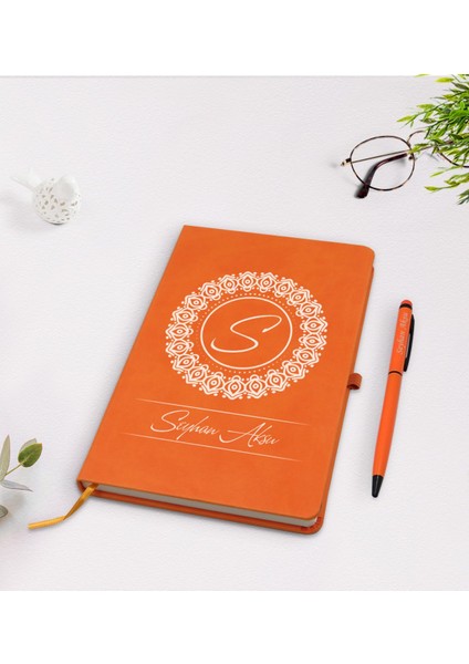 Kişiye Özel Isimli Turuncu Termo Deri Defter Kalem Seti Model 2