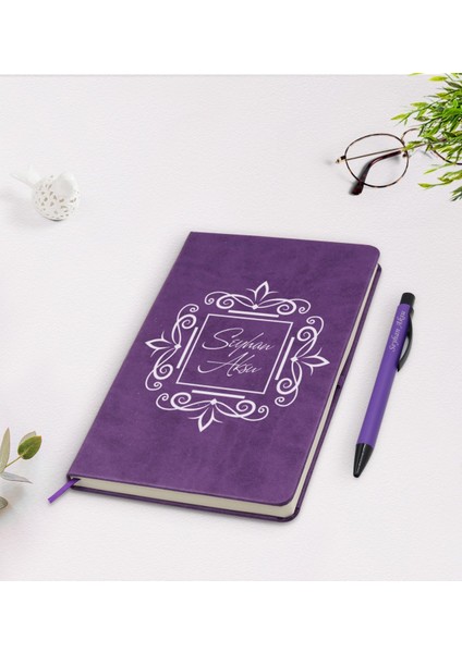 Kişiye Özel Isimli Mor Termo Deri Defter Kalem Seti Model 1
