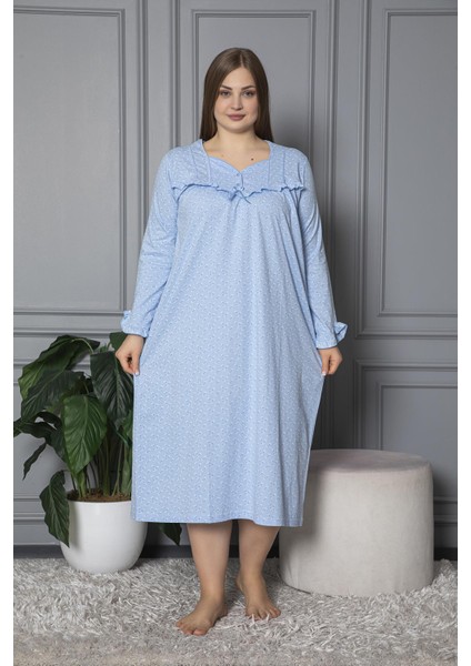 Mevsimlik Uzun Kol Pamuklu Penye Büyük Beden Anne Gecelik 180