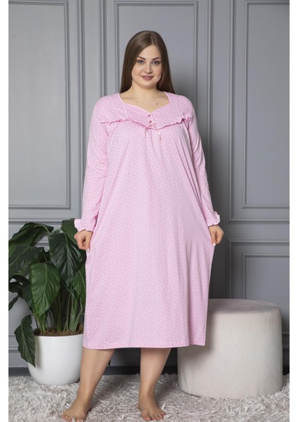 Mevsimlik Uzun Kol Pamuklu Penye Büyük Beden Anne Gecelik 180