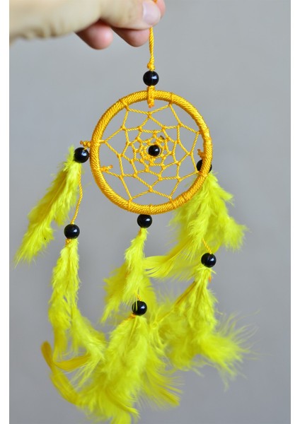 Sarı Araba Süsü Tüylü Mini Rüya Kapanı / Düş Kapanı / Dreamcatcher / Düş Kapanı / Dikiz Ayna Süsü - 6 cm