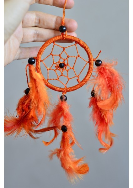 Turuncu Araba Süsü Tüylü Mini Rüya Kapanı / Düş Kapanı / Dreamcatcher / Düş Kapanı / Dikiz Ayna Süsü - 6 cm