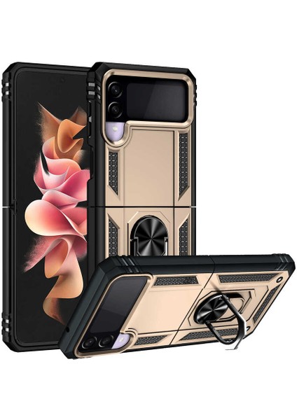 Galaxy Z Flip 3 Kılıf Shockproof Standlı Yüzük Tutuculu Mega Case Gold