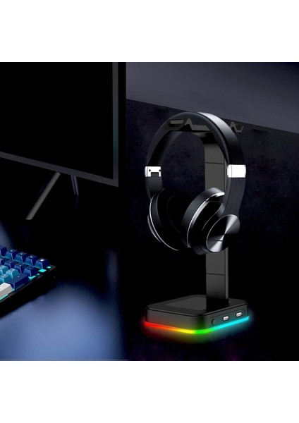 Rgb Çift Kulaklık Standı Gamer Kulaklık Askı Tutucu Taban Vitrin Siyah (Yurt Dışından)