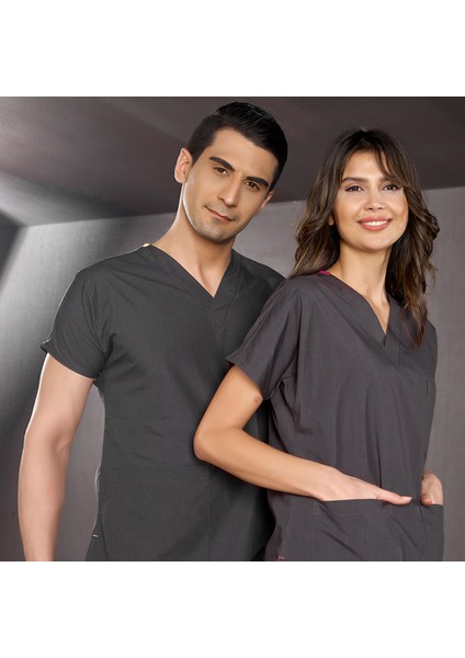 Füme Doktor Hemşire Forması Scrubs Terikoton Takım (Ince Kumaş) Yarasa Kol Hemşire Üniforması