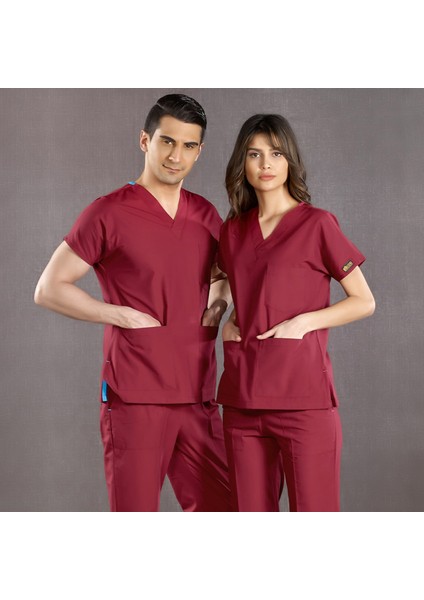 Bordo Doktor Hemşire Forması Scrubs Terikoton Takım (Ince Kumaş) Yarasa Kol Hemşire Üniforması