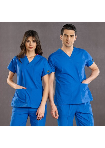 Saks Mavi Doktor Hemşire Forması Scrubs Terikoton Takım (Ince Kumaş) Yarasa Kol Hemşire Üniforması