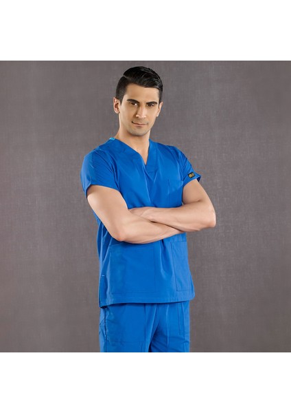 Saks Mavi Doktor Hemşire Forması Scrubs Terikoton Takım (Ince Kumaş) Yarasa Kol Hemşire Üniforması