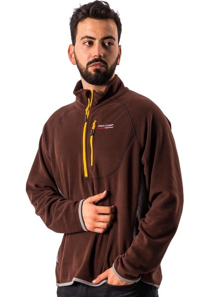 Man Half Zipper Fleece-Kahverengi