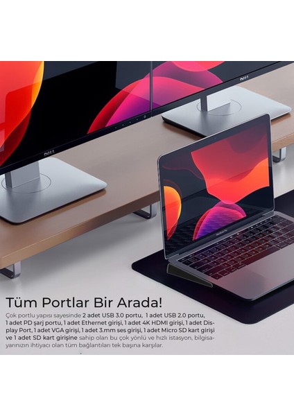 BX12HB 11’i 1 Arada Type-C Çok Portlu Laptop ve Tablet Standı 3.5mm Mic+Gigabit Ethernet+Micro SD/SD+USB 3.0+USB 2.0+VGA+HDMI (UHD 30 Hz/4K)+Type-C (PD)