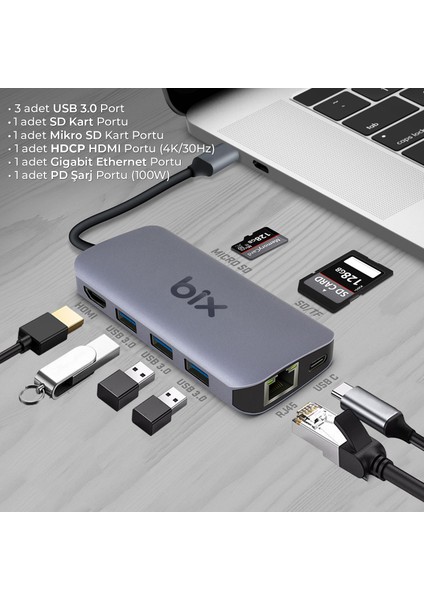 BX10HB Type-C to 4K HDMI 3*USB-A Gigabit Ethernet PD 100W SD ve Micro SD Kart Okuyucu Çoklayıcı Hub