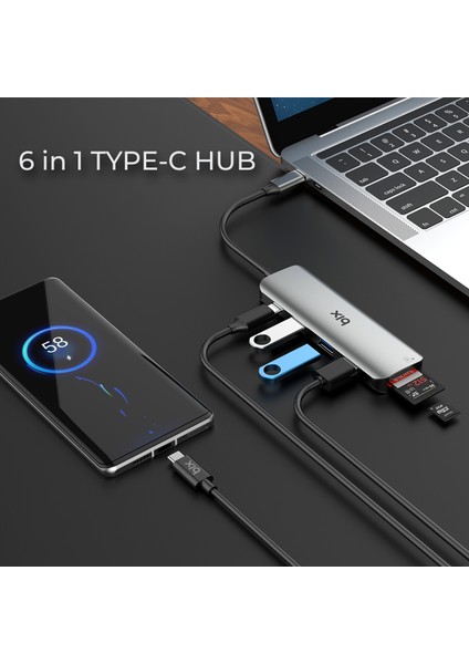 BX08HB 6in1 Type-C Hub 3x USB 3.0, Micro SD / SD, PD Şarj Macbook Uyumlu Çoklayıcı Adaptör