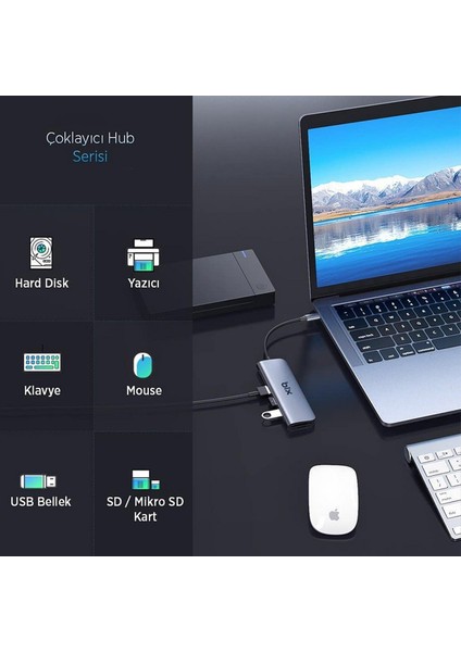 BX07HB 5in1 Type-C Hub 4x USB 3.0, PD Şarj Macbook Uyumlu Çoklayıcı Adaptör