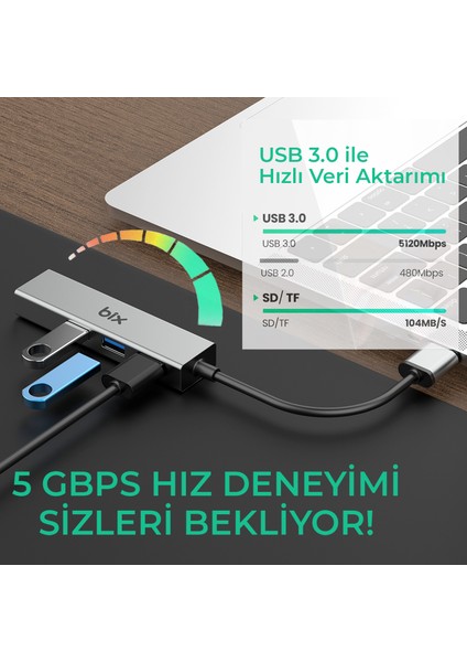 BX06HB 4in1 USB 3.0 Hub, 1Gbps Ethernet, 3x USB 3.0 Windows Uyumlu Çoklayıcı Adaptör