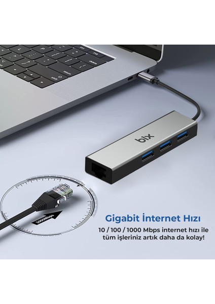 BX06HB 4in1 USB 3.0 Hub, 1Gbps Ethernet, 3x USB 3.0 Windows Uyumlu Çoklayıcı Adaptör