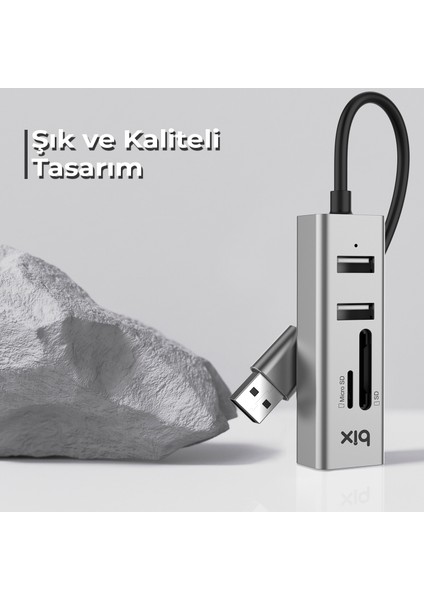 BX05HB 4in1 USB Hub Micro SD / SD Kart Giriş, 2x USB 2.0 Port Windows Uyumlu Çoklayıcı Adaptör