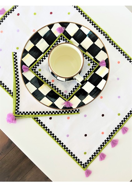 Renkli Puantiyeli Mor Püsküllü Damalı Desen Dekoratif Amerikan Servis (2 Adet) fiyatları