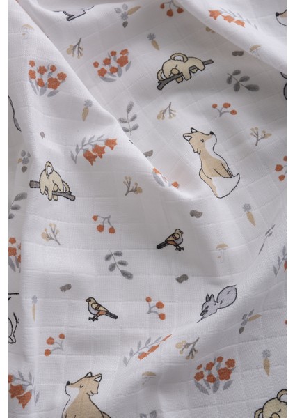 Müslin Bezi Örtü Tilki Desen -Bej 120X120 cm + 4 Adet Ağız Mendili
