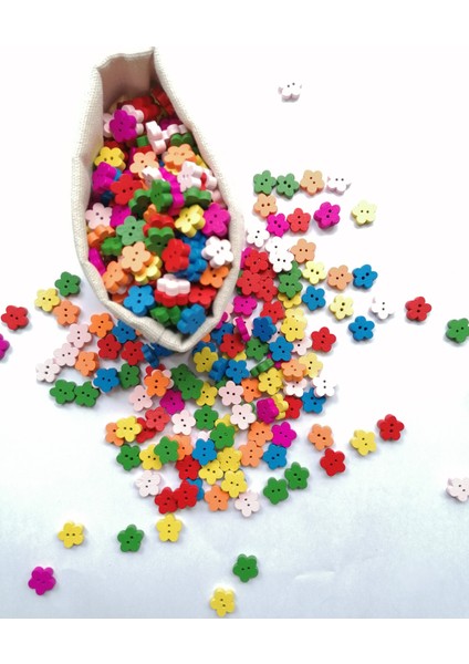 50 Adet Çiçek Figürlü Renkli Ahşap Düğme 13 mm