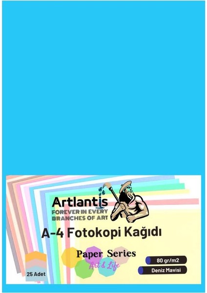 Renkli A-4 Fotokopi Kağıdı 25 Li 1 Paket Artlantis Fotokopi Renkli A4 Kağıdı Mavi