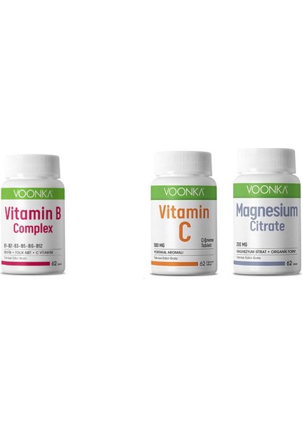 B Complex 62 Tablet + Magnezyum 62 Tablet+Vitamin C 62 Çiğneme T.