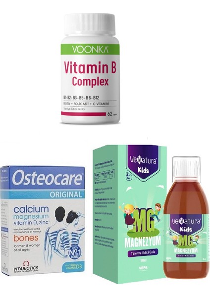 B Complex 62 Tablet+ Kids Magnezyum 100 Ml+Yetişkinler Için Kalsiyum, Magnezyum,d3,çinko 30 Tablet