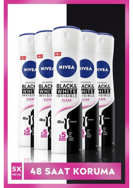 Kadın Sprey Deodorant Black&white Invisible Clear 48 Saat Anti-Perspirant Koruma 150ML x 5 Adet