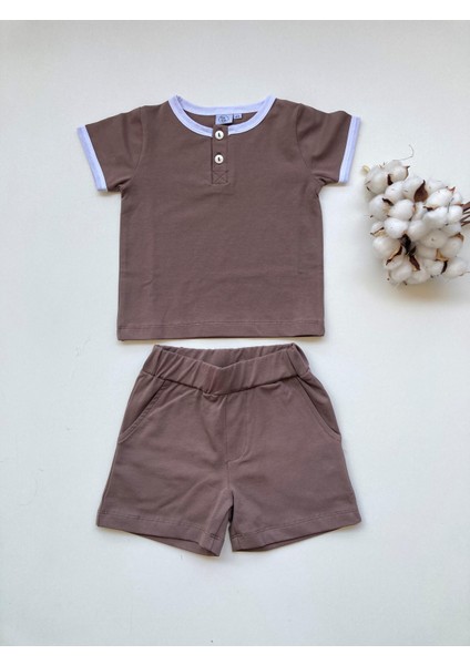 Brown Düğmeli Tshirt Şortlu Takım %100 Pamuk Tişört