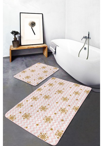 Real Homes Pembe Zigzag Zemin Gold Kar Taneleri Özel Tasarım 2'li Kaymaz Tabanlı Banyo & Mutfak Paspas Takımı