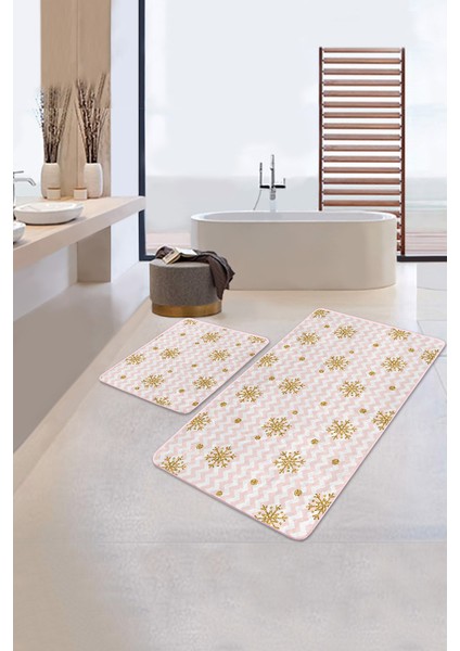 Real Homes Pembe Zigzag Zemin Gold Kar Taneleri Özel Tasarım 2'li Kaymaz Tabanlı Banyo & Mutfak Paspas Takımı fiyatları