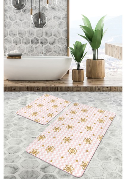 Real Homes Pembe Zigzag Zemin Gold Kar Taneleri Özel Tasarım 2'li Kaymaz Tabanlı Banyo & Mutfak Paspas Takımı modelleri