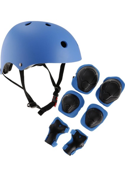 7 Parça Çocuk Kaykay Kask Bilek / Diz / Dirsek Pedi Koruyucu Set Mavi