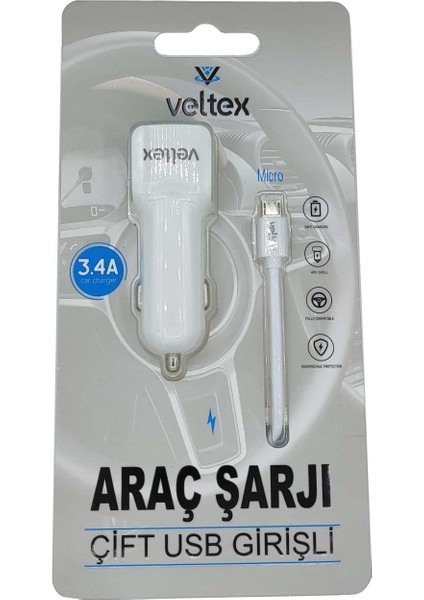 3.4A Çift Girişli (Micro) Kablolu Araç Şarj Aleti Veltex VTX-032