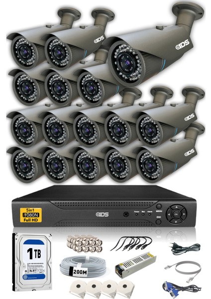 16 Kameralı 5mp Lensli 1080P Fullhd Kamera Seti - Gece Görüşlü - Su Geçirmez - Cepten Izle