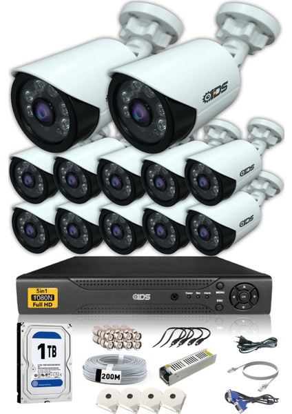 12 Kameralı 5mp Lensli 1080P Fullhd Kamera Seti - Gece Görüşlü - Su Geçirmez - Cepten Izle