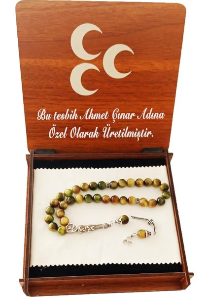 Isme Özel Ahşap Kutulu Üç Hilal Tasarımlı Yeşil Kaplangözü Tesbih