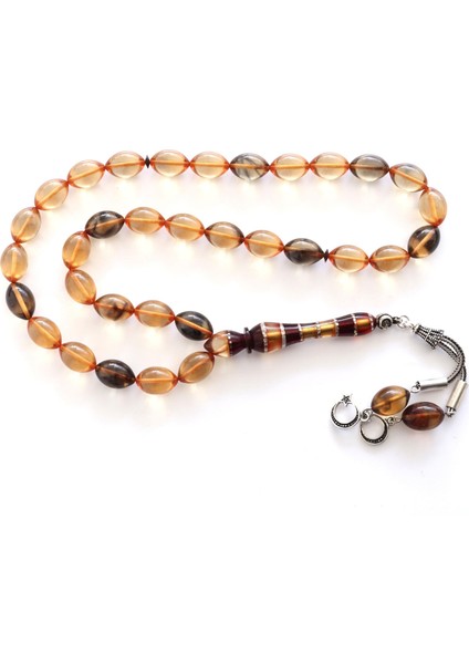 925 Ayar Gümüş Püsküllü Arpa Kesim Hareli Sıkma Kehribar Tesbih