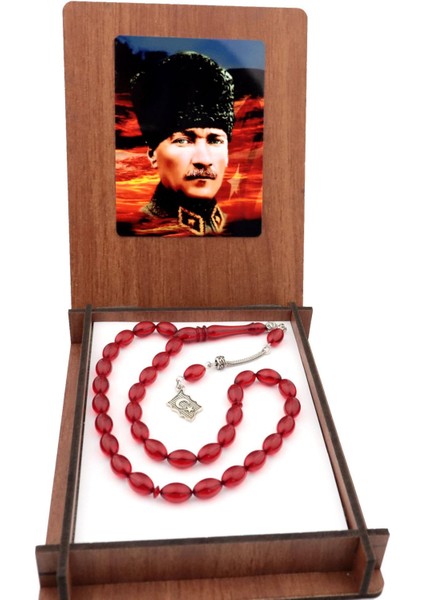 Ahşap Kutulu Atatürk ve Bayrak Temalı Ateş Kehribar Tesbih