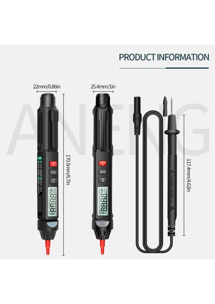 A3007 6000 Sayım LCD Ekranlı Kalem Multimetre - Siyah (Yurt Dışından)