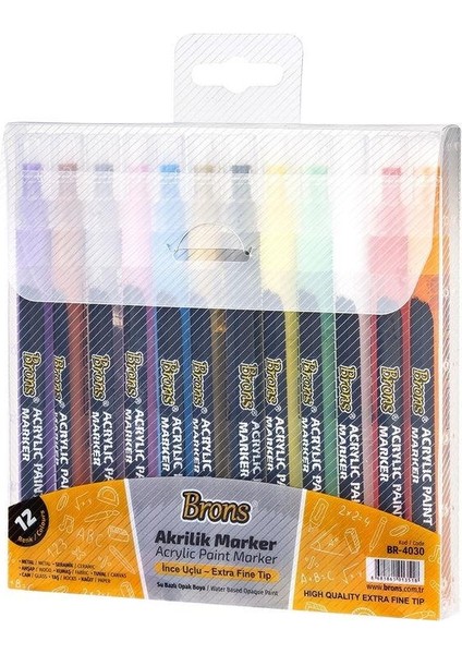 Brons Akrilik Marker Ince Uçlu 12 Renk Set