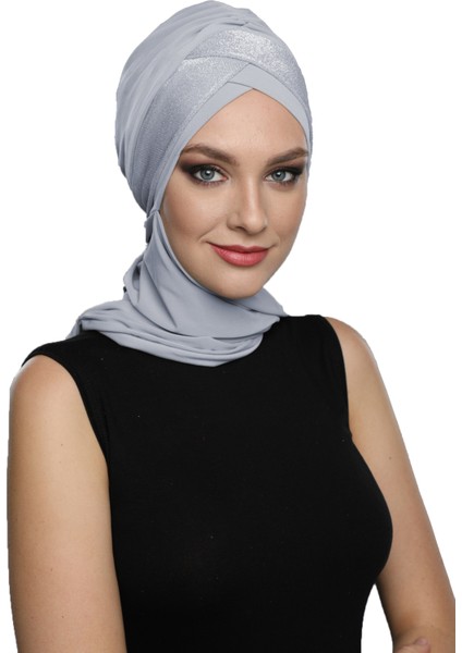Çapraz Pike Atkılı Astarlı Açık Gri Hazır Türban Tesettür Bone