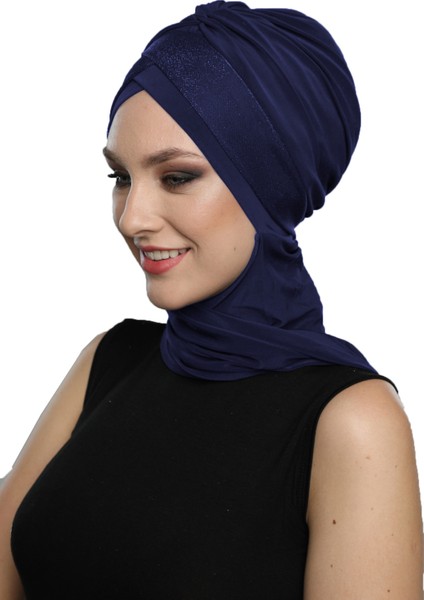 Çapraz Pike Atkılı Astarlı Lacivert Hazır Türban Tesettür Bone