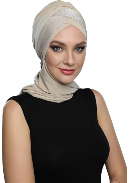 Çapraz Pike Atkılı Astarlı Bej Hazır Türban Tesettür Bone