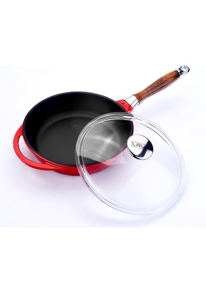 Döküm Kızartma Tavası Ahşap Kulplu Cam Kapaklı ÇAP(Ø)24CM Kırmızı fiyatları