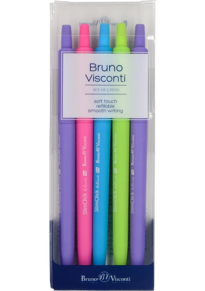 Bruno Visconti "Slim Click" Tükenmez Kalem -5'li Set -Mavi-0,5 mm -Renkli