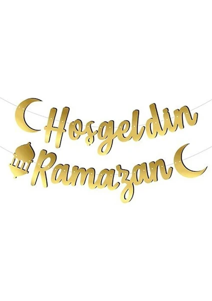 Hoşgeldin Ramazan Kaligrafi Banner Gold Renkli Ipe Dizili Altın Ramazan Süsü